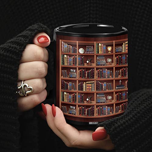 BECHUSKY Library Bookshelf Mug - Book Lovers Coffee Mug - Librarian Mug Book Coffee Mug Book Mug Book Club Cup Bookish Bookworm Mug Gifts for Readers Bookish Gifts for Book Lovers Black Mug 11oz