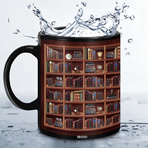 BECHUSKY Library Bookshelf Mug - Book Lovers Coffee Mug - Librarian Mug Book Coffee Mug Book Mug Book Club Cup Bookish Bookworm Mug Gifts for Readers Bookish Gifts for Book Lovers Black Mug 11oz