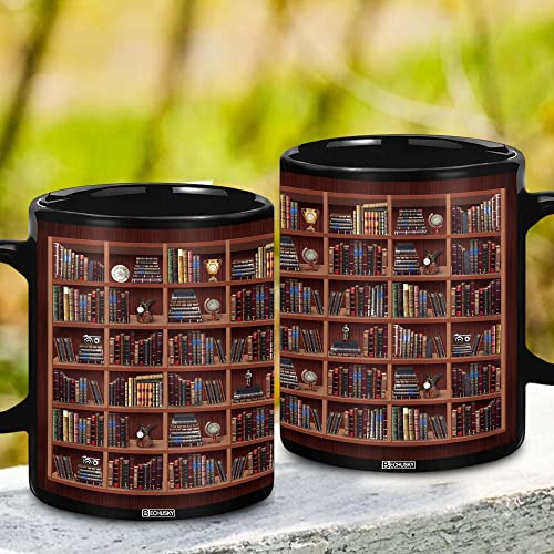 BECHUSKY Library Bookshelf Mug - Book Lovers Coffee Mug - Librarian Mug Book Coffee Mug Book Mug Book Club Cup Bookish Bookworm Mug Gifts for Readers Bookish Gifts for Book Lovers Black Mug 11oz