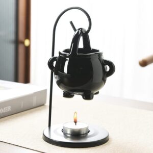 Makimoo Hanging Pagan Cauldron Oil Burner, Black Wax Warmer Aroma Diffuser, with Handle, for Essential Fragrance Wax Melts, Enchanting Witches' Home Decor Element.