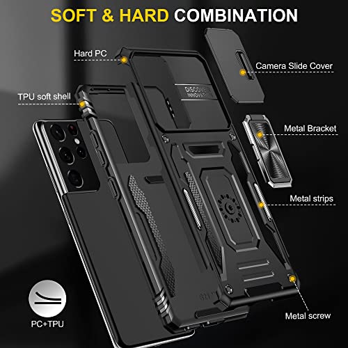 THMEIRA Samsung Galaxy S21 Ultra Case, Armor Phone Case for Samsung S21 Ultra with Screen Protector [Soft 2 Pcs] with Camera Cover, Galaxy S21 Ultra Magnetic Ring Case Anti-Fall Drop Protection, Black