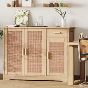 irontar kitchen storage cabinet, sideboard buffet cabinet with rattan decorated doors, farmhouse console table with drawer, coffee bar, accent table for kitchen, living room, hallway, natural cwg010m