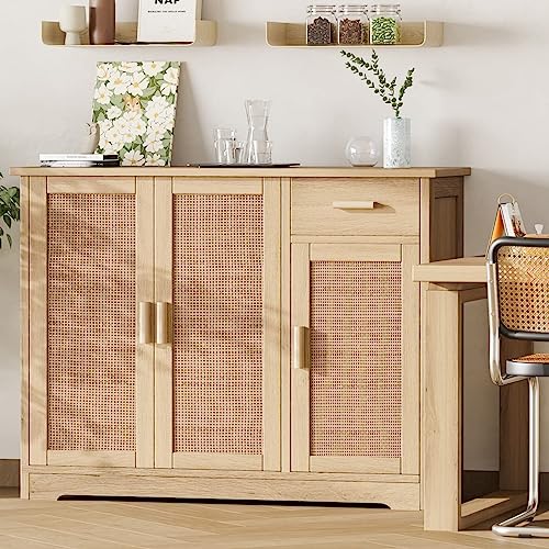 Irontar Kitchen Storage Cabinet, Sideboard Buffet Cabinet with Rattan Decorated Doors, Farmhouse Console Table with Drawer, Coffee Bar, Accent Table for Kitchen, Living Room, Hallway, Natural CWG010M