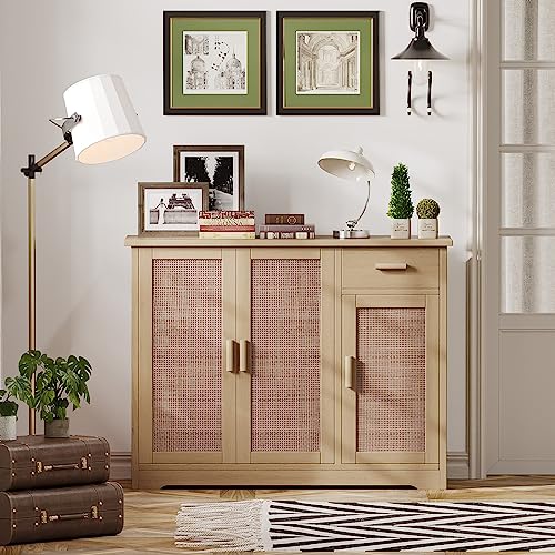 Irontar Kitchen Storage Cabinet, Sideboard Buffet Cabinet with Rattan Decorated Doors, Farmhouse Console Table with Drawer, Coffee Bar, Accent Table for Kitchen, Living Room, Hallway, Natural CWG010M