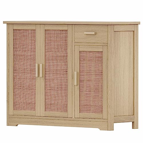 Irontar Kitchen Storage Cabinet, Sideboard Buffet Cabinet with Rattan Decorated Doors, Farmhouse Console Table with Drawer, Coffee Bar, Accent Table for Kitchen, Living Room, Hallway, Natural CWG010M