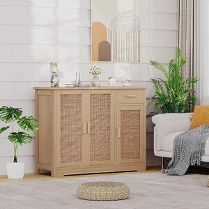 Irontar Kitchen Storage Cabinet, Sideboard Buffet Cabinet with Rattan Decorated Doors, Farmhouse Console Table with Drawer, Coffee Bar, Accent Table for Kitchen, Living Room, Hallway, Natural CWG010M