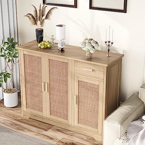 Irontar Kitchen Storage Cabinet, Sideboard Buffet Cabinet with Rattan Decorated Doors, Farmhouse Console Table with Drawer, Coffee Bar, Accent Table for Kitchen, Living Room, Hallway, Natural CWG010M