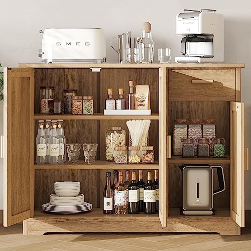 Irontar Kitchen Storage Cabinet, Sideboard Buffet Cabinet with Rattan Decorated Doors, Farmhouse Console Table with Drawer, Coffee Bar, Accent Table for Kitchen, Living Room, Hallway, Natural CWG010M