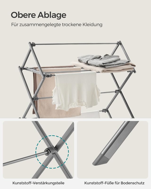 SONGMICS Foldable Clothes Drying Rack, Laundry Drying Rack, Clothes Airer, Steel Frame, 14.6 x 29.5 x 53.2 Inches, Easy Assembly, Indoor Outdoor Use, Gray ULLR770G01