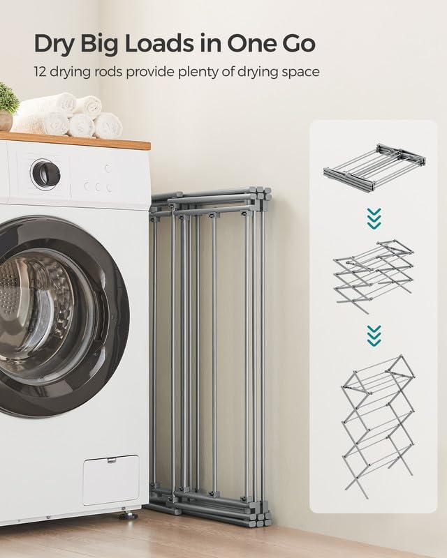 SONGMICS Foldable Clothes Drying Rack, Laundry Drying Rack, Clothes Airer, Steel Frame, 14.6 x 29.5 x 53.2 Inches, Easy Assembly, Indoor Outdoor Use, Gray ULLR770G01