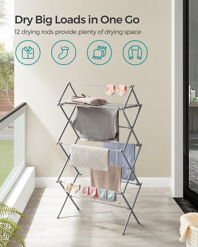 SONGMICS Foldable Clothes Drying Rack, Laundry Drying Rack, Clothes Airer, Steel Frame, 14.6 x 29.5 x 53.2 Inches, Easy Assembly, Indoor Outdoor Use, Gray ULLR770G01