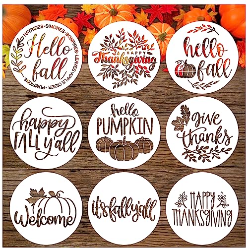 Fall Stencils for Painting On Wood 12'' Round Fall Stencil Reusable for Crafts, Hello Pumpkin Stencil Thanksgiving Autumn Happy Fall Yall Templates for Art Canvas Home Decor (9round Fall)