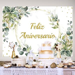 Lofaris Feliz Aniversario Backdrop for Photography Green Leaves Shinning Dots Gold Ring Mexican Happy Anniversary Decorations Supplies Floral Cake Table Banner Photo Booth Props 7x5ft