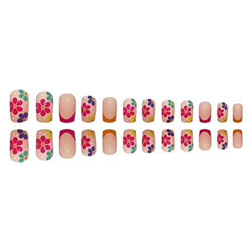 24Pcs Press on Nails Short French Fake Nails Acrylic Square Nude Pink False Nails with Flower Designs Full Cover Stick on Nails Glue on Nails for Women and Girls