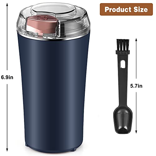 Finphoon Coffee Grinder Electric, Spice Grinder, Coffee Bean Herb Grinder with Integrated Brush Spoon, One-touch Push-Button Stainless Steel Grinding for Herb Peanut Grains Beans(Blue)