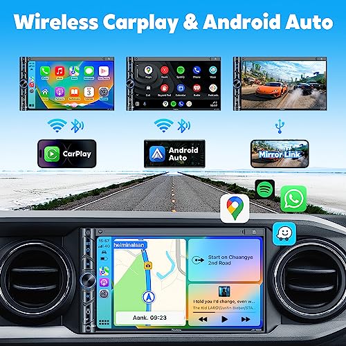 [Upgrade Wireless] Double Din Car Stereo with Wireless Apple Carplay, Android Auto - 7 Inch HD Touchscreen, Bluetooth, Subw, Steering Wheel, MirrorLink, USB/SD/AM/FM Car Radio Receiver, Backup Camera