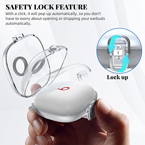 Secure Lock Clear Case for Beats Fit Pro, WOFRO Full-Body Shockproof Protective Cover for Beats Fit Pro Earbuds 2021 Hard Shell with Anti-Lost Lanyard/Keychain[One-Click Pop] (Clear)