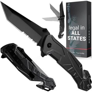tactical knife for men - 2.8 inch tanto serrated blade - black pocket knife with glass breaker seatbelt cutter pocket clip - cool folding knives for camping military work - birthday mens gifts 6620