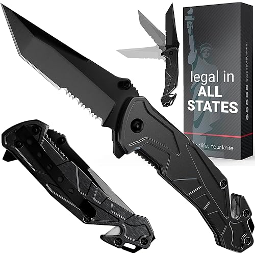 Tactical Knife for Men - 2.8 Inch Tanto Serrated Blade - Black Pocket Knife with Glass Breaker Seatbelt Cutter Pocket Clip - Cool Folding Knives for Camping Military Work - Birthday Mens Gifts 6620