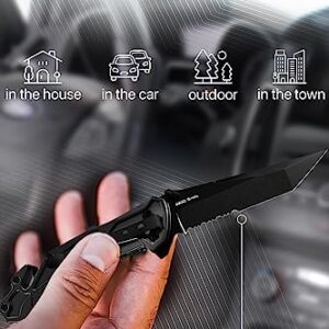 Tactical Knife for Men - 2.8 Inch Tanto Serrated Blade - Black Pocket Knife with Glass Breaker Seatbelt Cutter Pocket Clip - Cool Folding Knives for Camping Military Work - Birthday Mens Gifts 6620