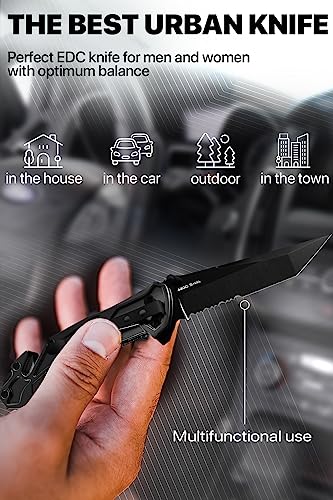 Tactical Knife for Men - 2.8 Inch Tanto Serrated Blade - Black Pocket Knife with Glass Breaker Seatbelt Cutter Pocket Clip - Cool Folding Knives for Camping Military Work - Birthday Mens Gifts 6620