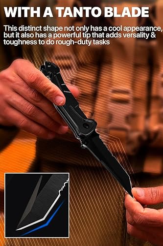Tactical Knife for Men - 2.8 Inch Tanto Serrated Blade - Black Pocket Knife with Glass Breaker Seatbelt Cutter Pocket Clip - Cool Folding Knives for Camping Military Work - Birthday Mens Gifts 6620