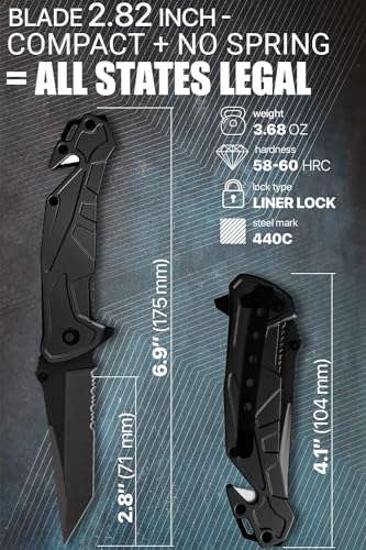 Tactical Knife for Men - 2.8 Inch Tanto Serrated Blade - Black Pocket Knife with Glass Breaker Seatbelt Cutter Pocket Clip - Cool Folding Knives for Camping Military Work - Birthday Mens Gifts 6620