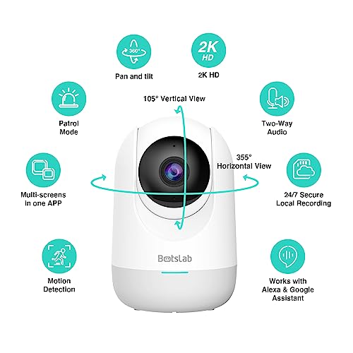 BOTSLAB Smart Pan Tilt Camera, 2K WiFi Indoor Home Security Dome Camera with Human and Motion Detection, Night Vision Baby Monitor, Compatible with Alexa