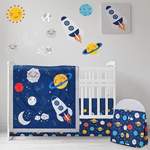 Rtteri 4 Pieces Baby Crib Bedding Set, Nursery Bedding Standard Size Soft Baby Bedding Set Including Crib Skirt, Blanket, Crib Sheet and Diaper Stacker for Baby Girls and Boys (Space)