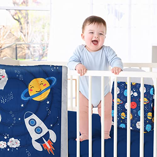 Rtteri 4 Pieces Baby Crib Bedding Set, Nursery Bedding Standard Size Soft Baby Bedding Set Including Crib Skirt, Blanket, Crib Sheet and Diaper Stacker for Baby Girls and Boys (Space)