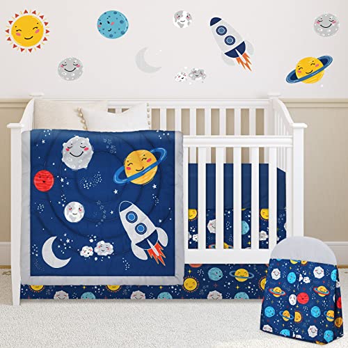 Rtteri 4 Pieces Baby Crib Bedding Set, Nursery Bedding Standard Size Soft Baby Bedding Set Including Crib Skirt, Blanket, Crib Sheet and Diaper Stacker for Baby Girls and Boys (Space)