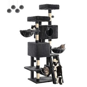 fourfurpets cat tree for indoor cats, 63in cat tower, cat condo, two cat perch, wwo cat caves, two cat basket, sisal scratching stairs, toys, smoky gray