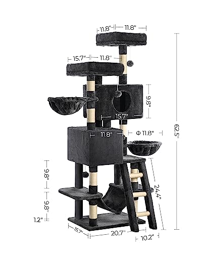 FourFurPets Cat Tree for Indoor Cats, 63in Cat Tower, Cat Condo, Two Cat Perch, Wwo Cat Caves, Two Cat Basket, Sisal Scratching Stairs, Toys, Smoky Gray