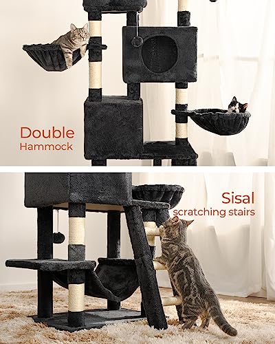 FourFurPets Cat Tree for Indoor Cats, 63in Cat Tower, Cat Condo, Two Cat Perch, Wwo Cat Caves, Two Cat Basket, Sisal Scratching Stairs, Toys, Smoky Gray