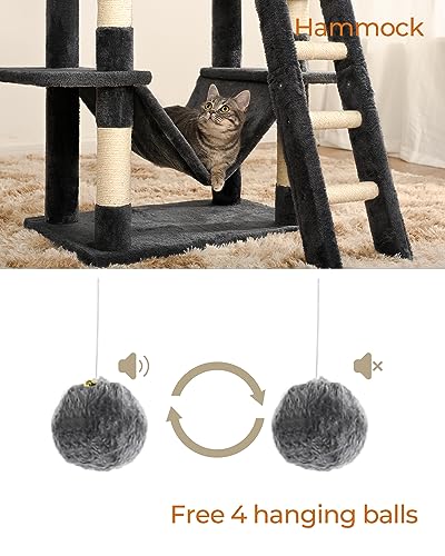 FourFurPets Cat Tree for Indoor Cats, 63in Cat Tower, Cat Condo, Two Cat Perch, Wwo Cat Caves, Two Cat Basket, Sisal Scratching Stairs, Toys, Smoky Gray