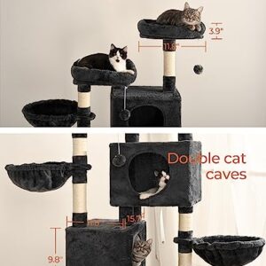 FourFurPets Cat Tree for Indoor Cats, 63in Cat Tower, Cat Condo, Two Cat Perch, Wwo Cat Caves, Two Cat Basket, Sisal Scratching Stairs, Toys, Smoky Gray