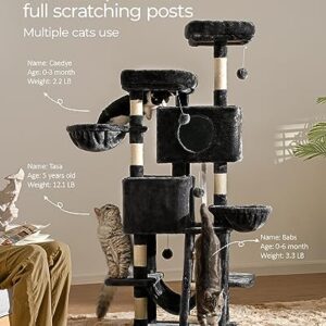 FourFurPets Cat Tree for Indoor Cats, 63in Cat Tower, Cat Condo, Two Cat Perch, Wwo Cat Caves, Two Cat Basket, Sisal Scratching Stairs, Toys, Smoky Gray