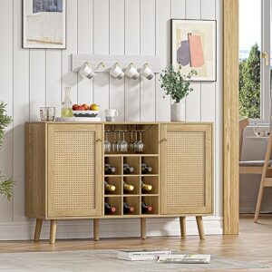 giluta rattan wine bar cabinet 2-door farmhouse liquor cabinet with wine rack and glass holder, rustic oak sideboard buffet storage, modern wooden coffee bar cabinet for living dining room kitchen