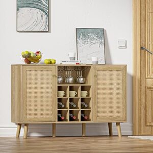 Giluta Rattan Wine Bar Cabinet 2-Door Farmhouse Liquor Cabinet with Wine Rack and Glass Holder, Rustic Oak Sideboard Buffet Storage, Modern Wooden Coffee Bar Cabinet for Living Dining Room Kitchen