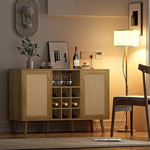 Giluta Rattan Wine Bar Cabinet 2-Door Farmhouse Liquor Cabinet with Wine Rack and Glass Holder, Rustic Oak Sideboard Buffet Storage, Modern Wooden Coffee Bar Cabinet for Living Dining Room Kitchen