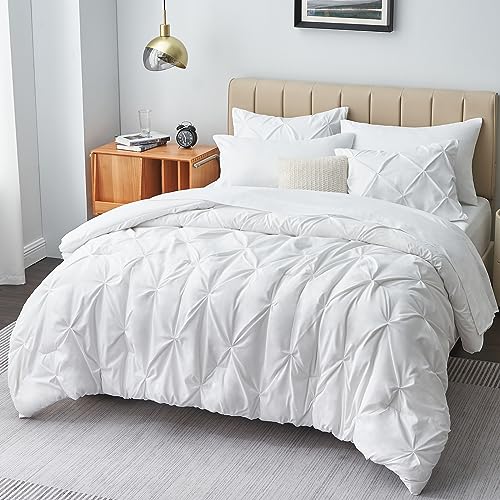 CozyLux Queen Comforter Set - 7 Pieces Comforters Queen Size White, Pintuck Bed in A Bag Pinch Pleat Complete Bedding Sets with Comforter, Flat Sheet, Fitted Sheet and Pillowcases & Shams