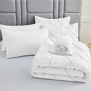 CozyLux Queen Comforter Set - 7 Pieces Comforters Queen Size White, Pintuck Bed in A Bag Pinch Pleat Complete Bedding Sets with Comforter, Flat Sheet, Fitted Sheet and Pillowcases & Shams