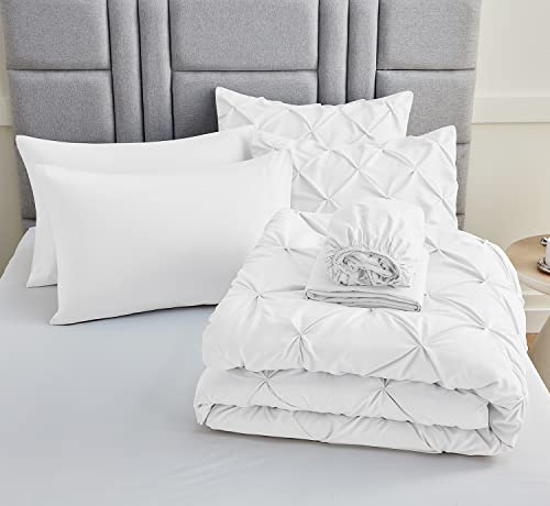 CozyLux Queen Comforter Set - 7 Pieces Comforters Queen Size White, Pintuck Bed in A Bag Pinch Pleat Complete Bedding Sets with Comforter, Flat Sheet, Fitted Sheet and Pillowcases & Shams