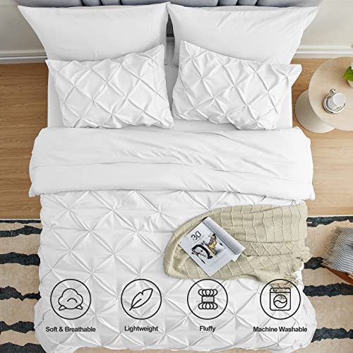 CozyLux Queen Comforter Set - 7 Pieces Comforters Queen Size White, Pintuck Bed in A Bag Pinch Pleat Complete Bedding Sets with Comforter, Flat Sheet, Fitted Sheet and Pillowcases & Shams