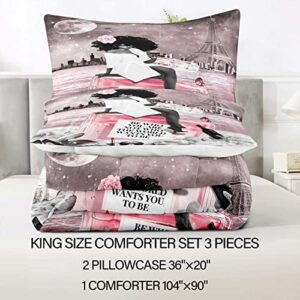 LUVIVIHOME Black Girl Magic Comforter Set for Women, Pink King Size Comforter, African Girl Bedding Sets, Eiffel Tower Beach Romantic Paris Bedroom Decor for Teen Girls, 1 Quilt and 2 Pillowcases