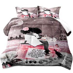 LUVIVIHOME Black Girl Magic Comforter Set for Women, Pink King Size Comforter, African Girl Bedding Sets, Eiffel Tower Beach Romantic Paris Bedroom Decor for Teen Girls, 1 Quilt and 2 Pillowcases