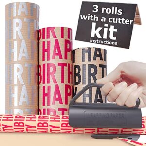 THMORT Birthday Wrapping Paper Roll with a Cutter Kit for Boys&Girls,Adults,Kids.17 Inch X 120 Inch Kraft Gift Wrapping Paper Roll Silver Black Red Happy Birthday Retro Fonts.