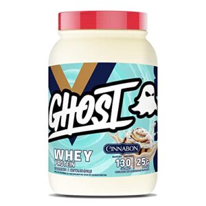 ghost whey protein powder, cinnabon - 2lb, 25g of protein - cinnamon roll flavored isolate, concentrate & hydrolyzed whey protein blend - post workout shakes - soy & gluten free