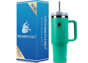 monohydro 40 oz tumbler with handle and straw - tumbler with straw stainless steel insulated cup -stainless steel straw, eco-friendly materials - conserve temperature up to 24+hours - caribbean green