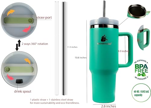 MONOHYDRO 40 oz Tumbler with Handle and Straw - tumbler with straw Stainless Steel Insulated Cup -stainless steel straw, Eco-friendly Materials - conserve temperature up to 24+hours - Caribbean Green